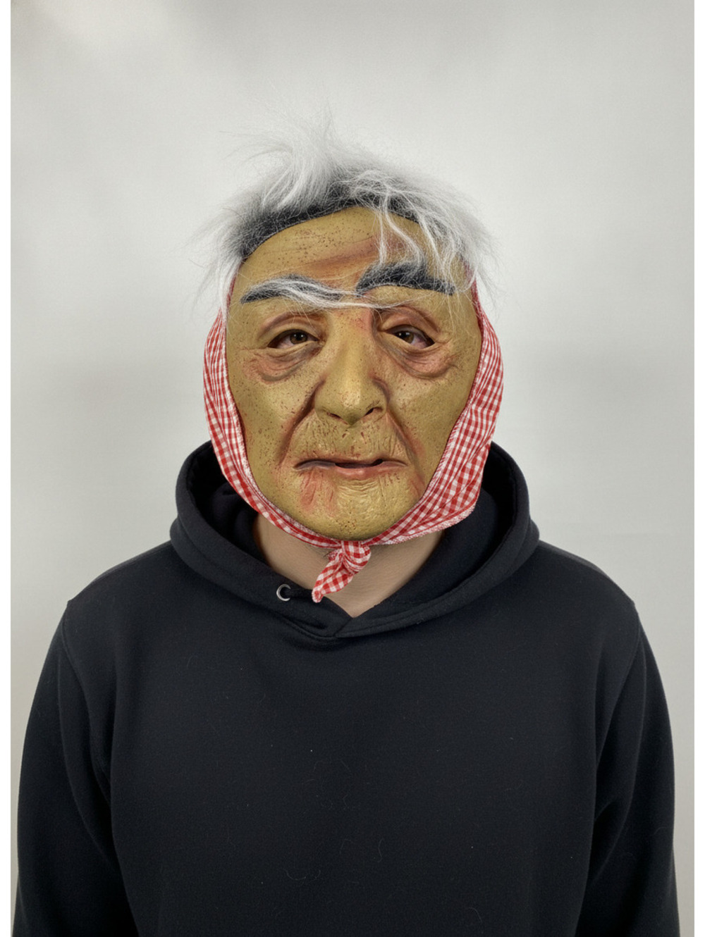 Creepy Old Woman Latex Mask With Red Checkered Headscarf